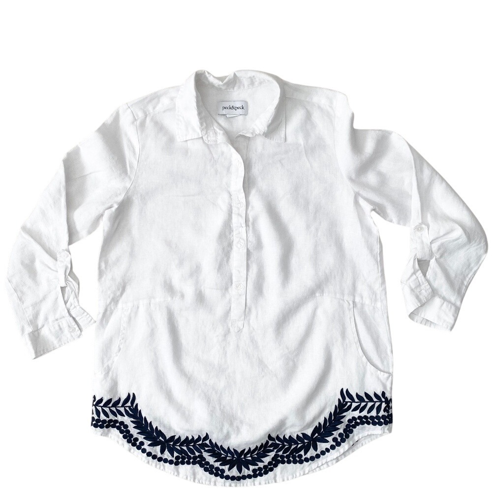 Peck & Peck 100% Linen Embroidered‎ Leaf Unisex Tunic/Shirt
